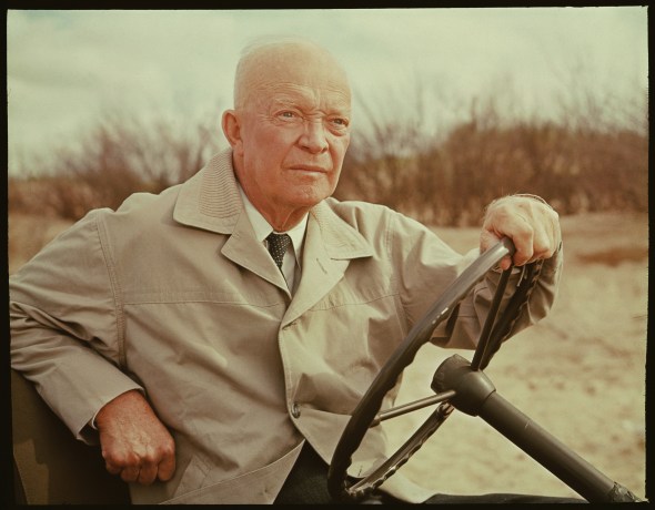 Former American President and military commander Dwight D. Eisenhower (1890 - 1969), with American journalist Walter Cronkite (not pictured), revisits Omaha Beach and other actual sites and locales connected with the World War II invasion during an episode of 'CBS Reports' called 'D-Day Plus 20 Years: Eisenhower Returns to Normandy,' France, April 3, 1964. (Photo by CBS Photo Archive/Getty Images)